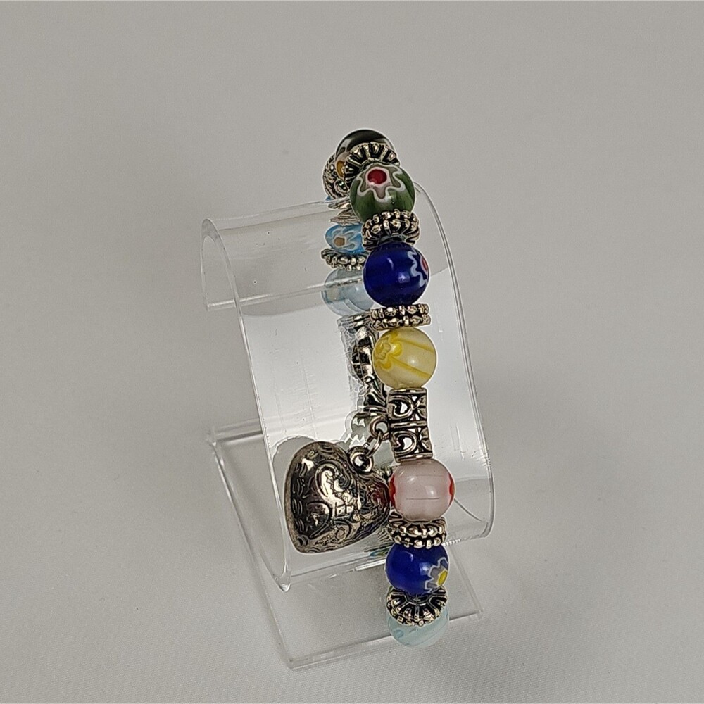 Millefiori Glass Floral Charm Bracelet Silver Tone Puffy Heart Lampwork